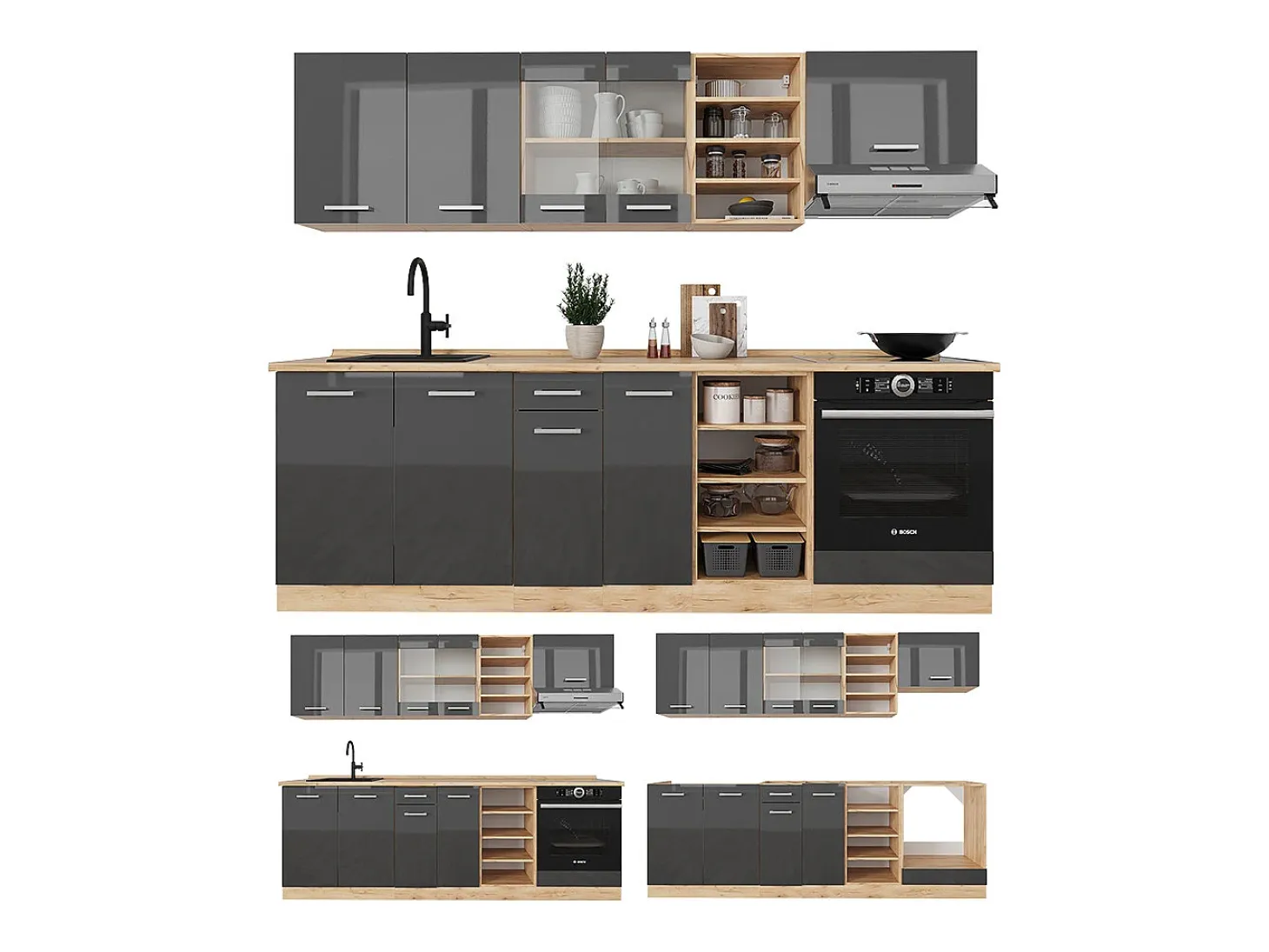 Mueble de cocina antracita brillo intenso/roble dorado eléctrico 240x46x81.6 r-line