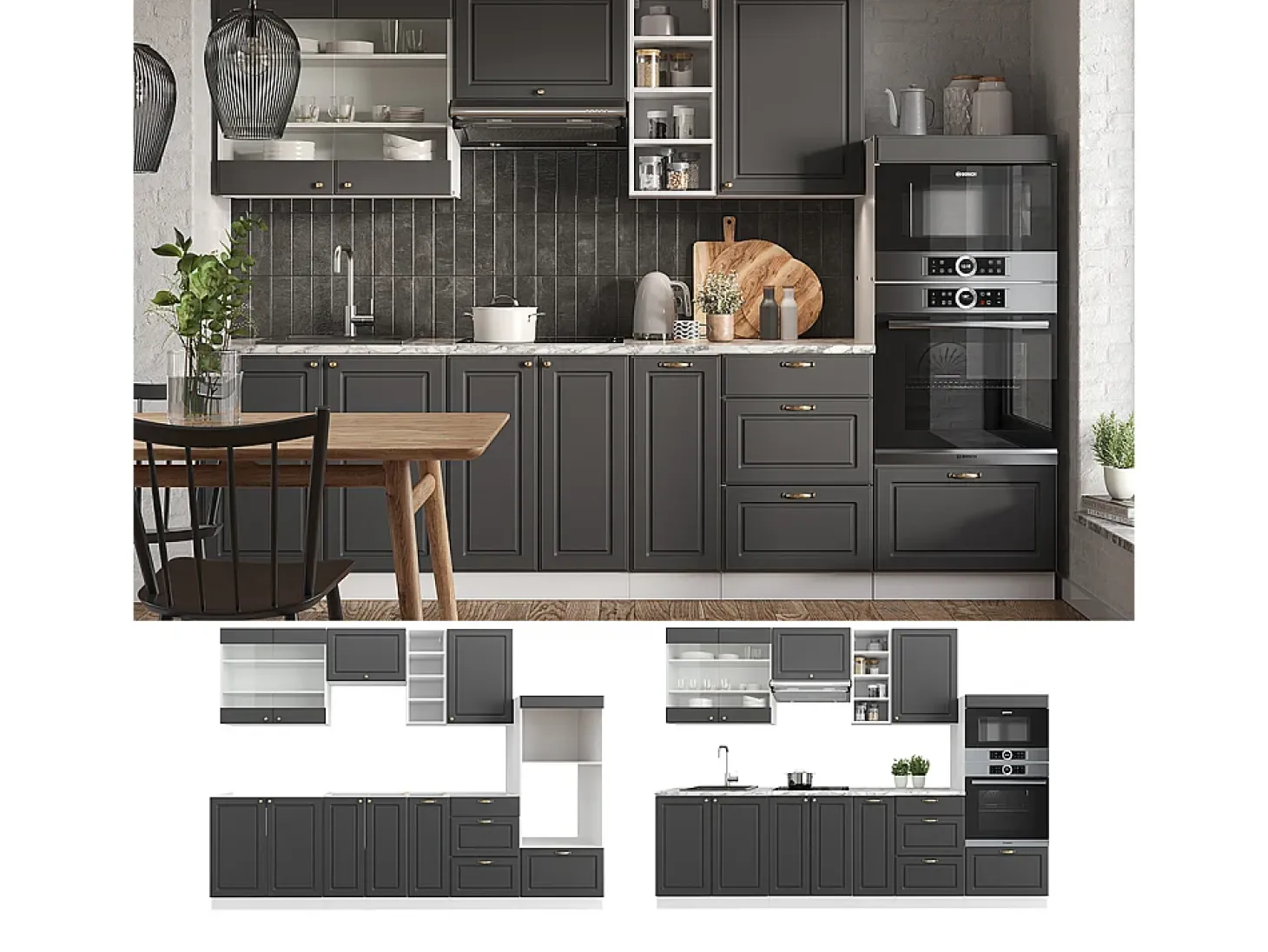Mueble de cocina antracita-oro/blanco 280x60x81.6 fame-line