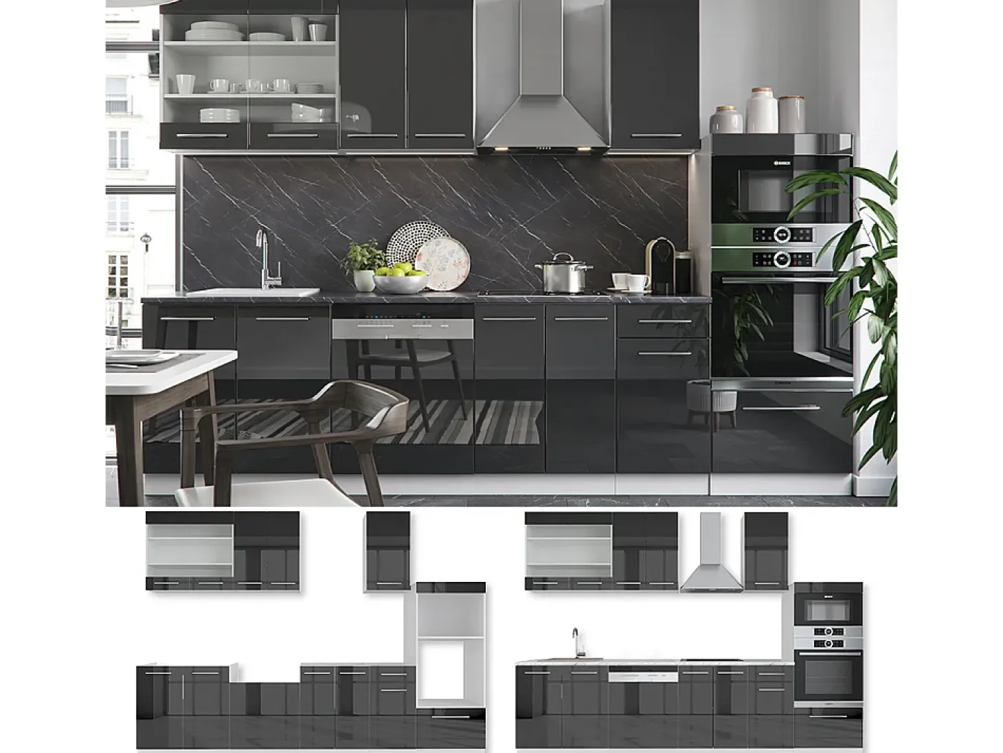 Mueble de cocina antracita brillo intenso/blanco 300x60x81.6 fame-line