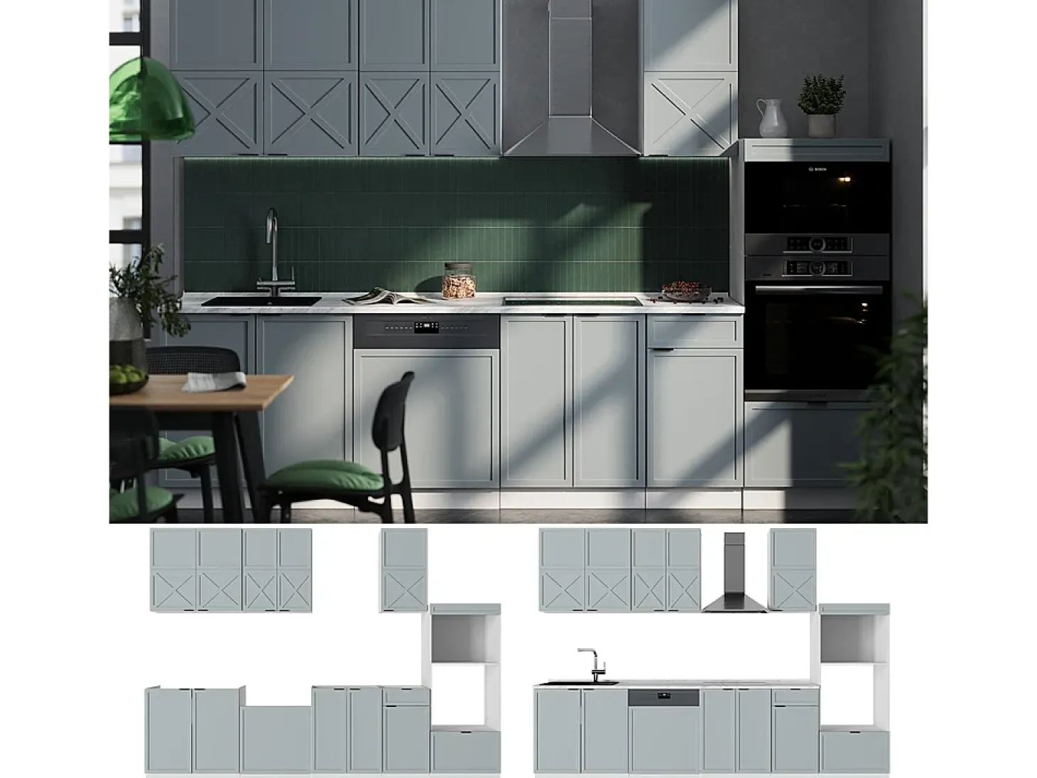 Mueble de cocina azul claro-gris-blanco 300x46x81.6 fame-line