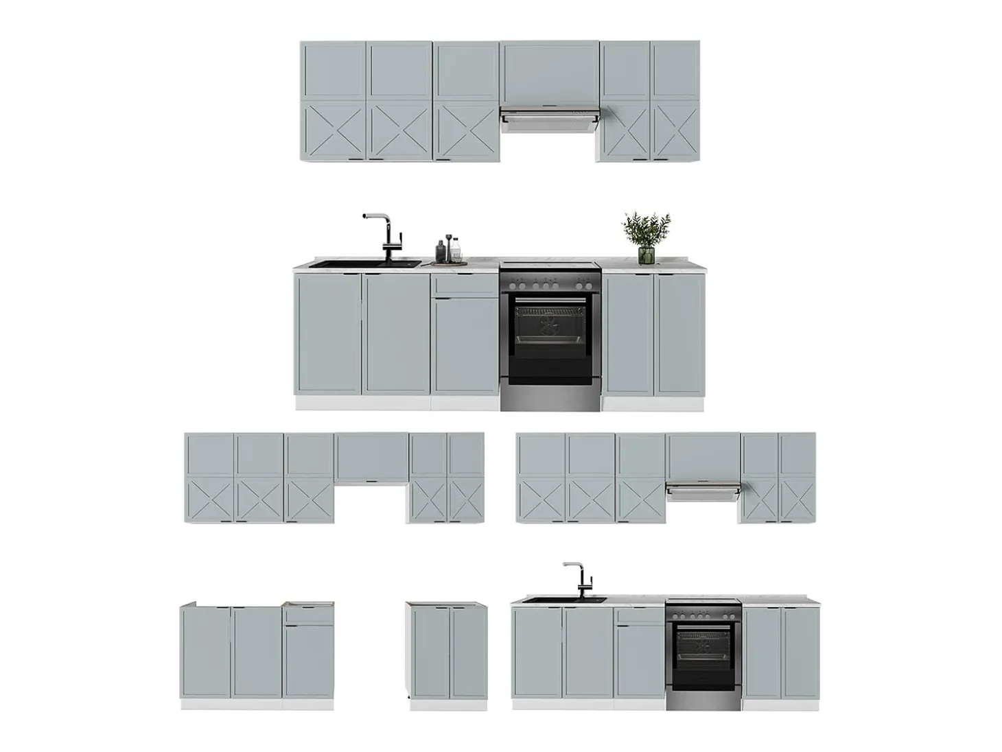 Mueble de cocina azul claro-gris-blanco 240x60x81.6 fame-line