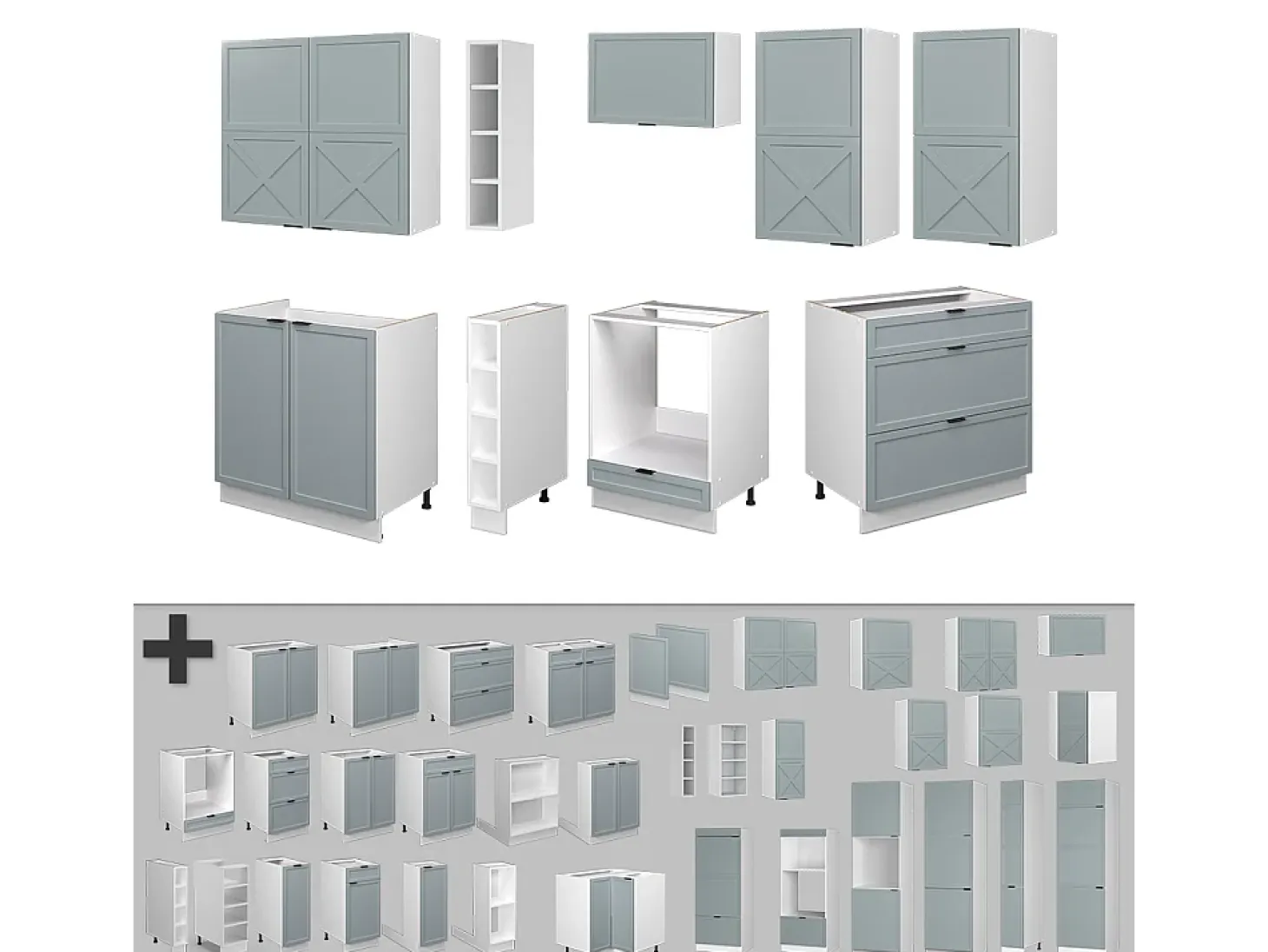 Mueble de cocina azul claro-gris-blanco 235x60x81.6 fame-line