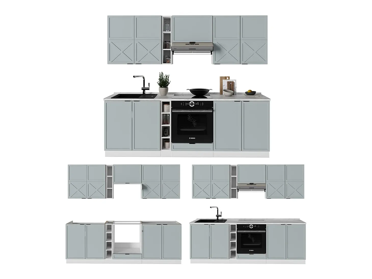 Mueble de cocina azul claro-gris-blanco 235x60x81.6 fame-line