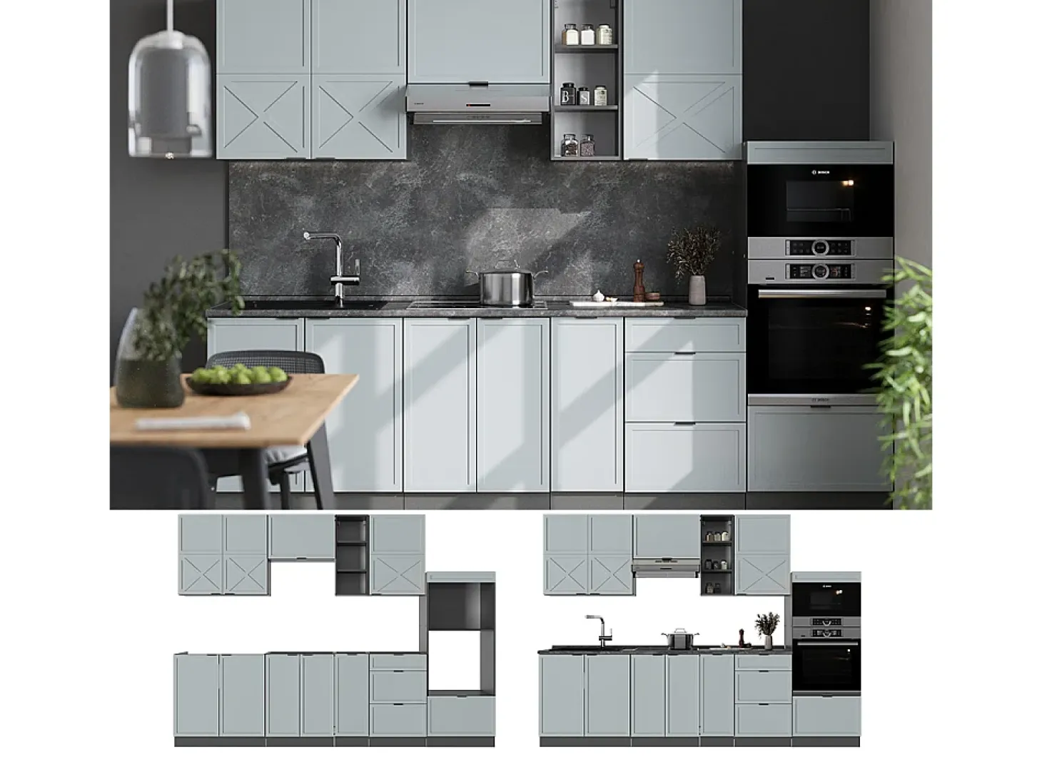 Mueble de cocina azul claro/gris antracita 280x60x81.6 fame-line