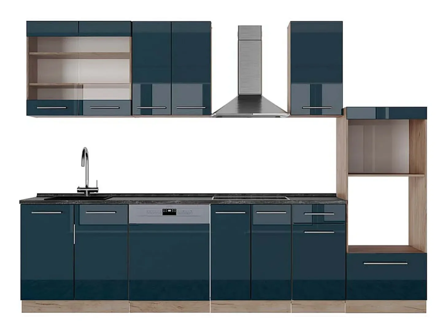 Mueble de cocina azul oscuro alto brillo/roble dorado 300x60x81.6 fame-line