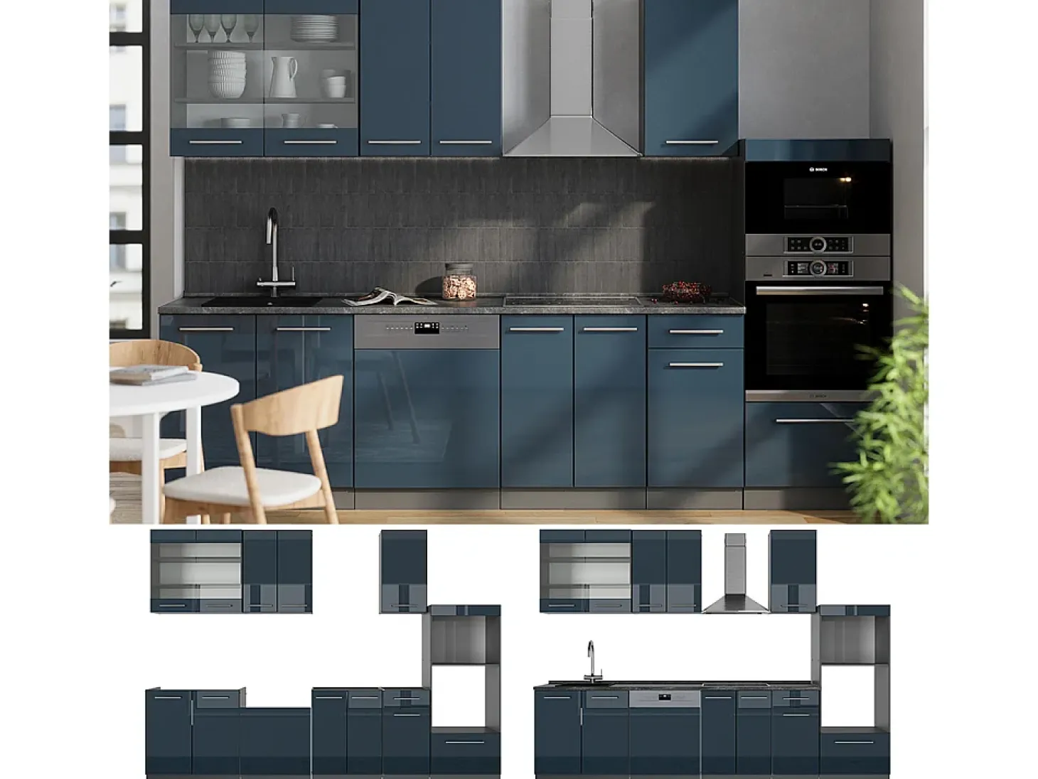 Mueble de cocina azul oscuro alto brillo/antracita 300x60x81.6 fame-line