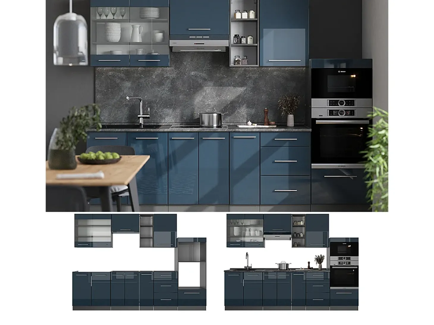 Mueble de cocina azul oscuro alto brillo/antracita 280x60x81.6 fame-line