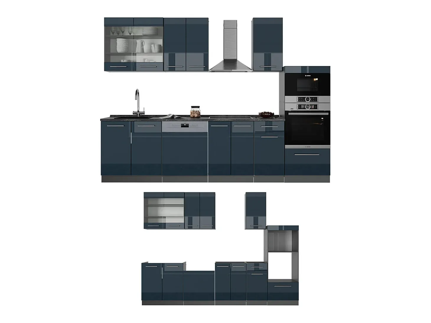 Mueble de cocina azul oscuro alto brillo/antracita 300x60x81.6 fame-line