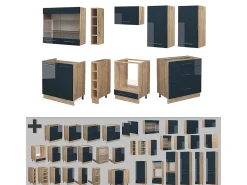 Mueble de cocina azul oscuro alto brillo/roble dorado 235x60x81.6 fame-line