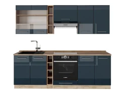 Mueble de cocina azul oscuro alto brillo/roble dorado 235x60x81.6 fame-line