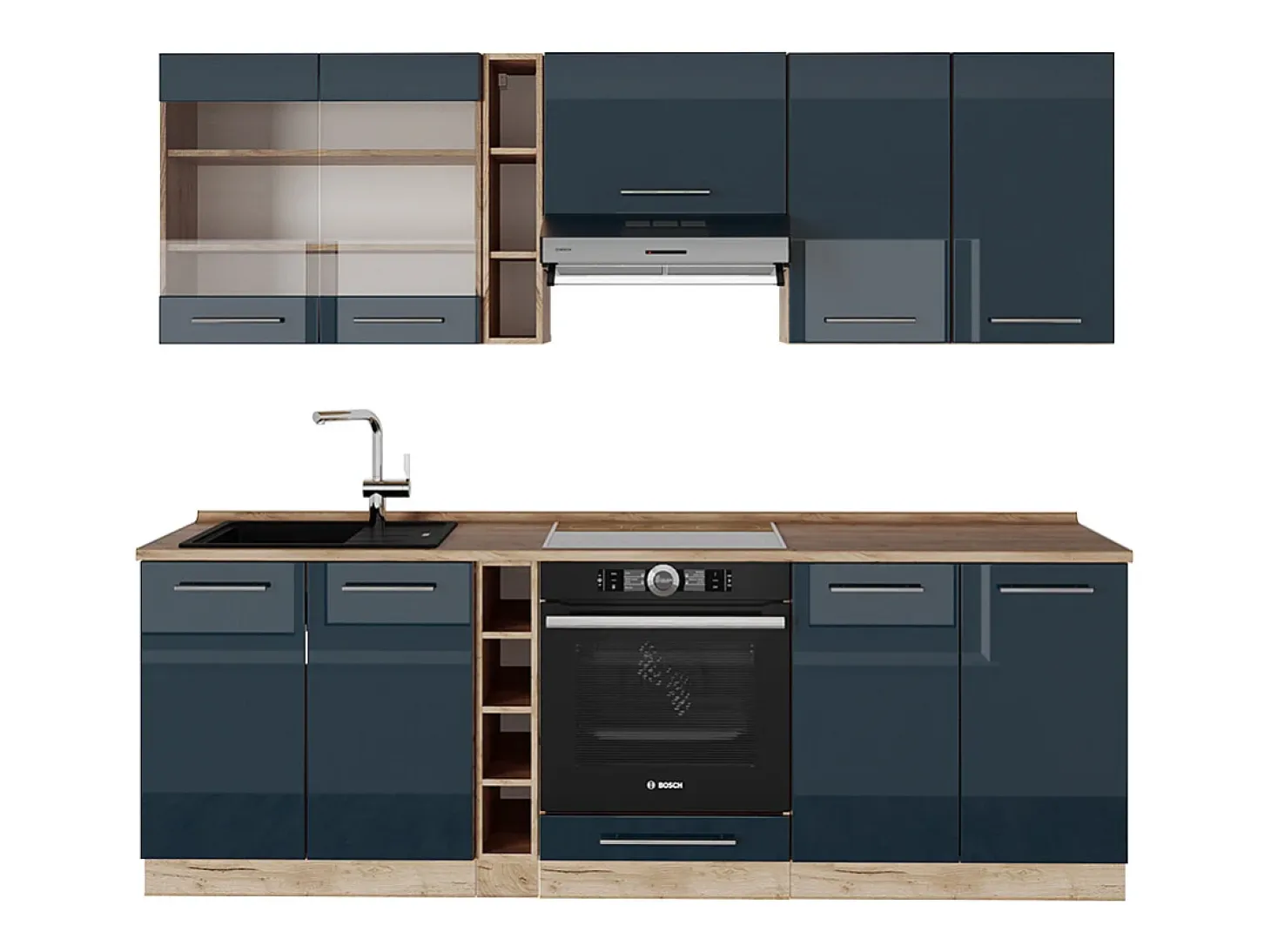 Mueble de cocina azul oscuro alto brillo/roble dorado 235x60x81.6 fame-line