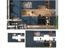 Mueble de cocina azul oscuro alto brillo/roble dorado 355x60x81.6 fame-line