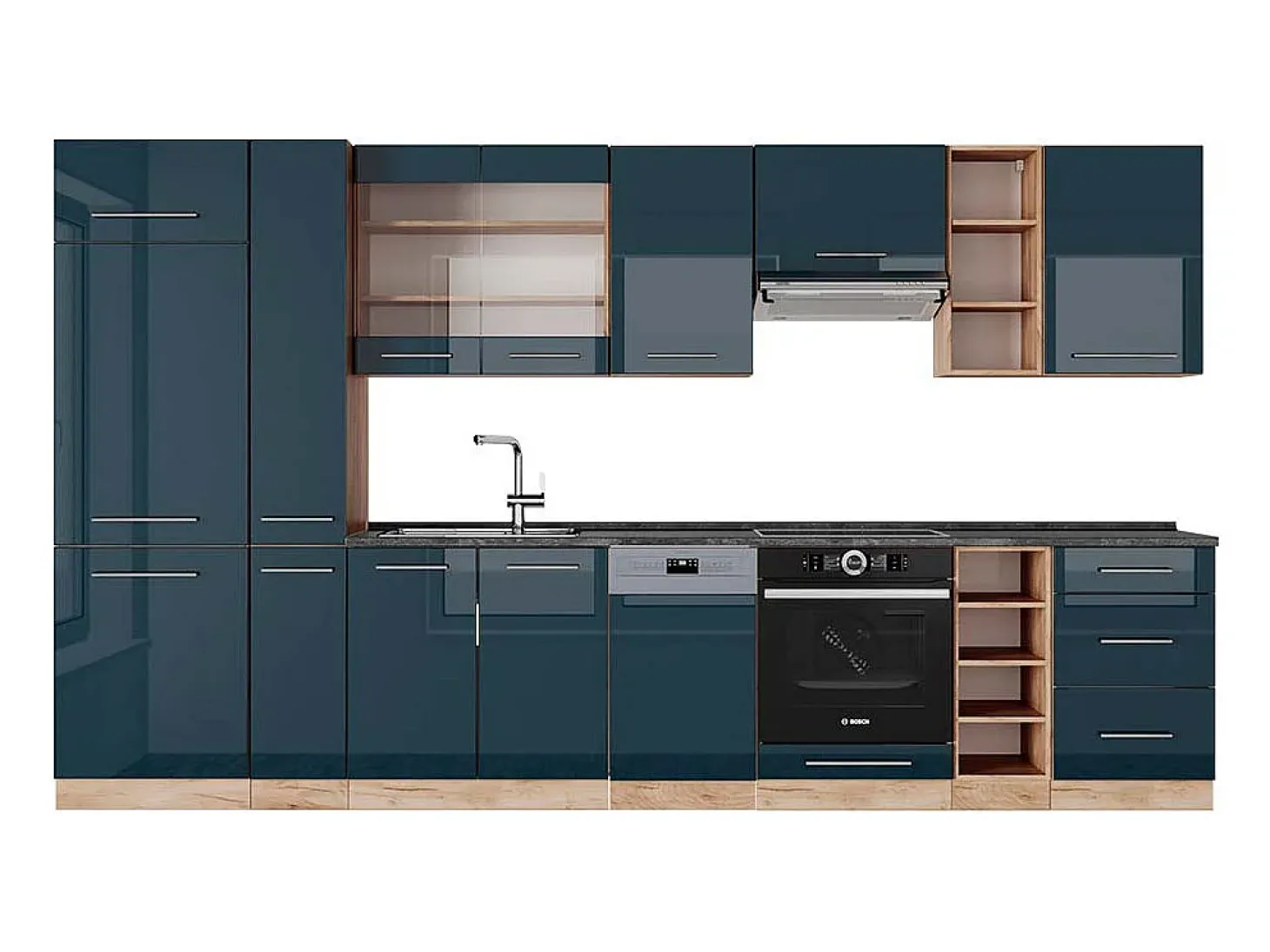 Mueble de cocina azul oscuro alto brillo/roble dorado 355x60x81.6 fame-line
