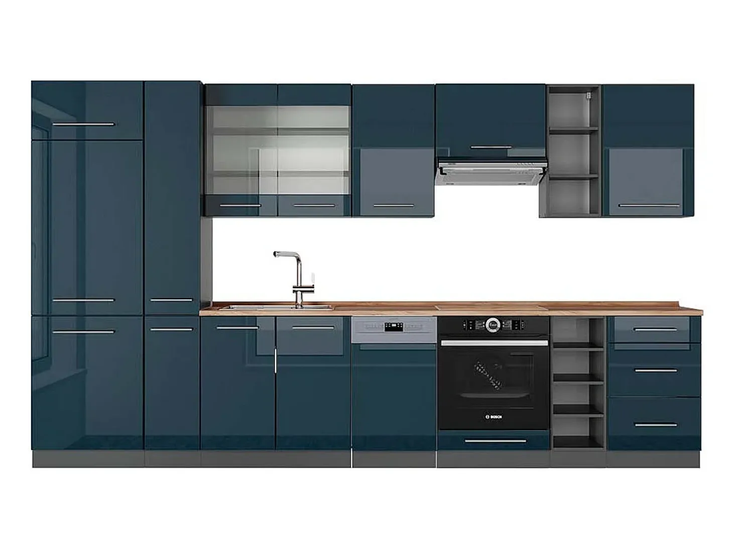Mueble de cocina azul oscuro alto brillo/antracita 355x60x81.6 fame-line