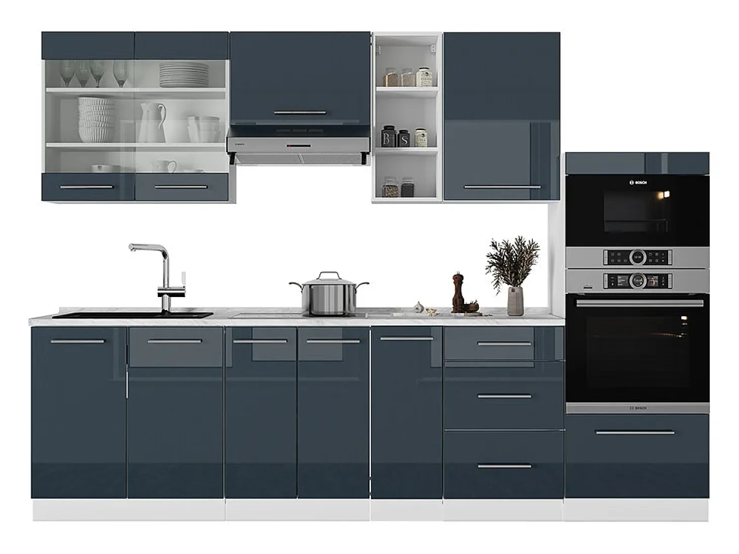 Mueble de cocina azul oscuro alto brillo/blanco 280x60x81.6 fame-line