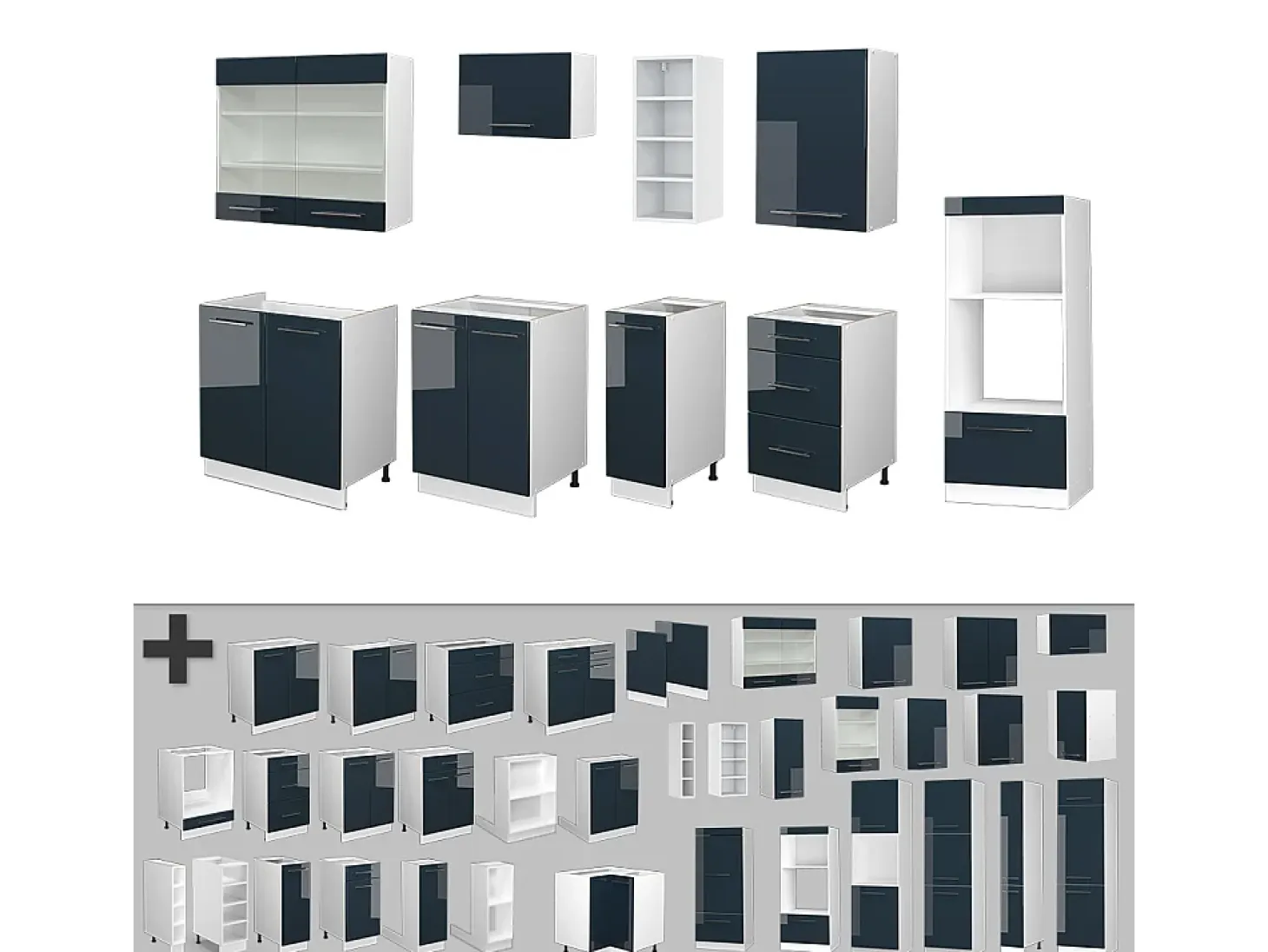 Mueble de cocina azul oscuro alto brillo/blanco 280x60x81.6 fame-line