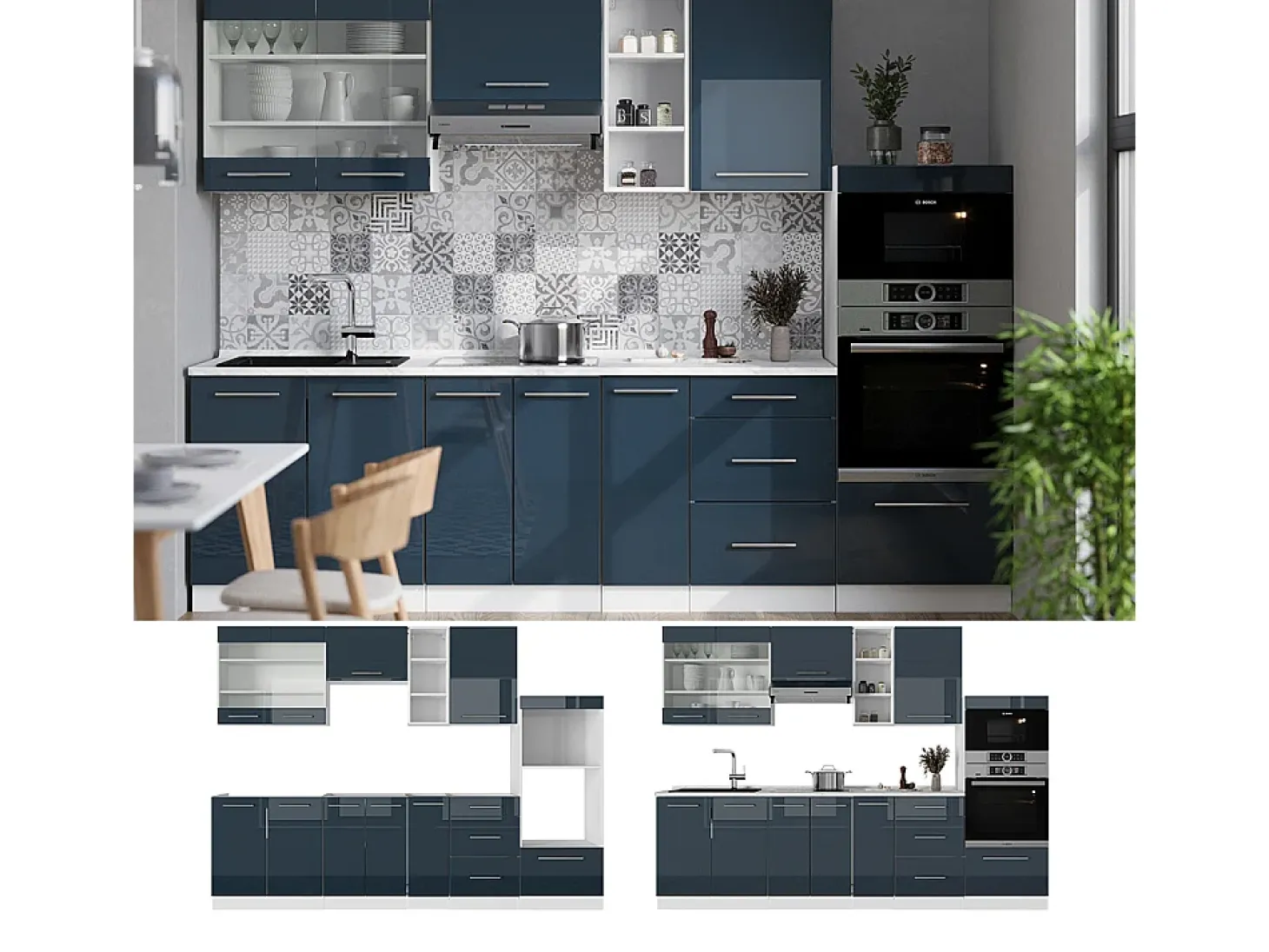 Mueble de cocina azul oscuro alto brillo/blanco 280x60x81.6 fame-line