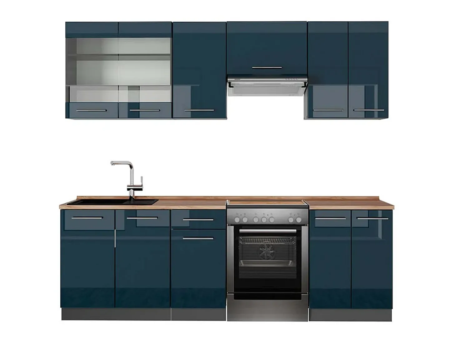 Mueble de cocina azul oscuro alto brillo/antracita 240x60x81.6 fame-line