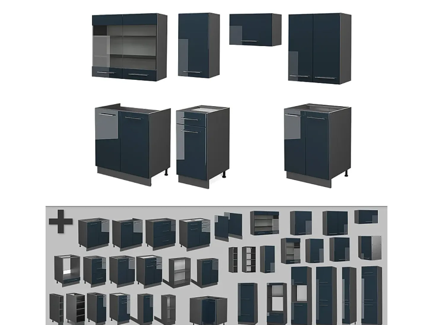 Mueble de cocina azul oscuro alto brillo/antracita 240x60x81.6 fame-line