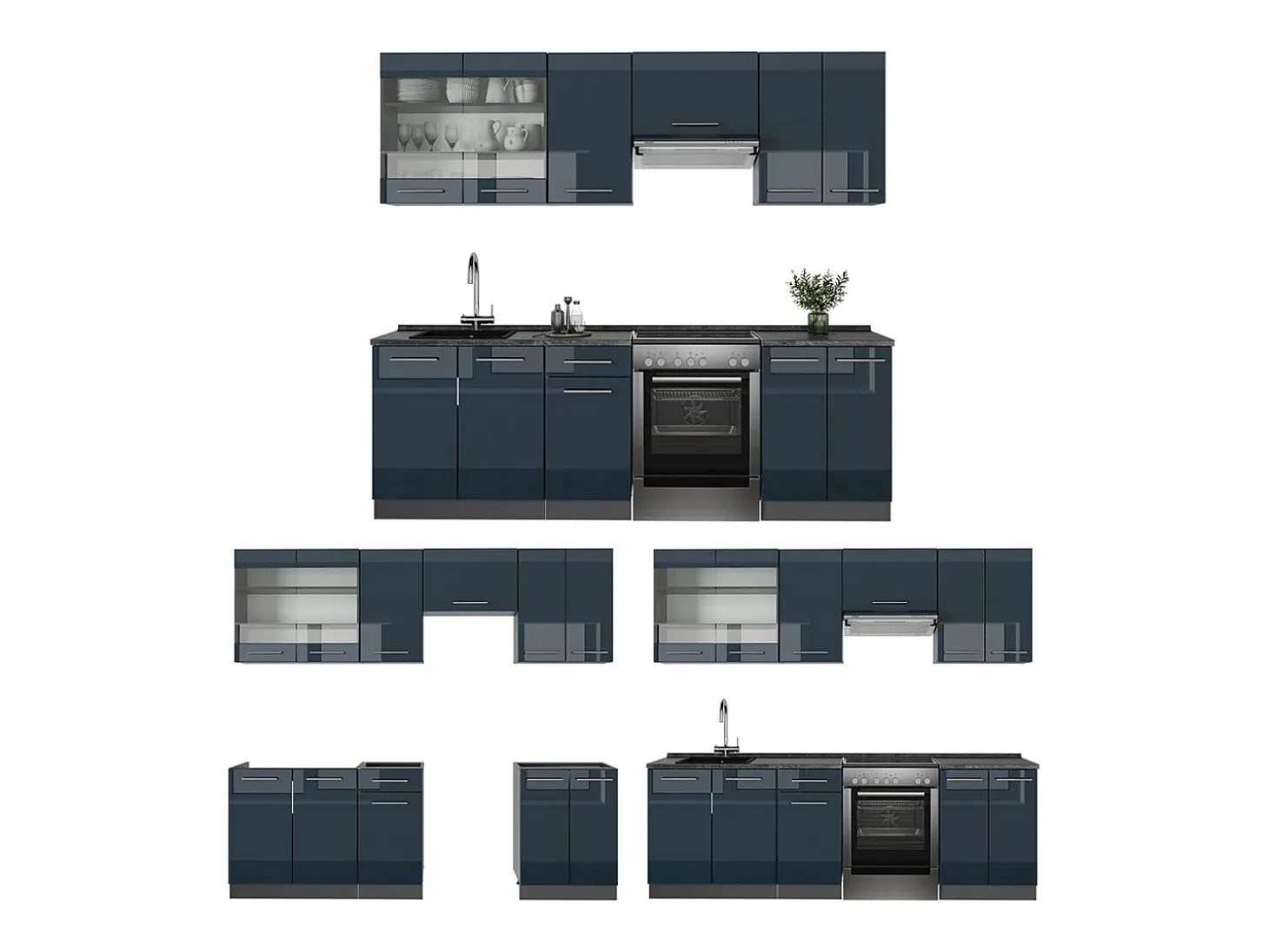Mueble de cocina azul oscuro alto brillo/antracita 240x60x81.6 fame-line