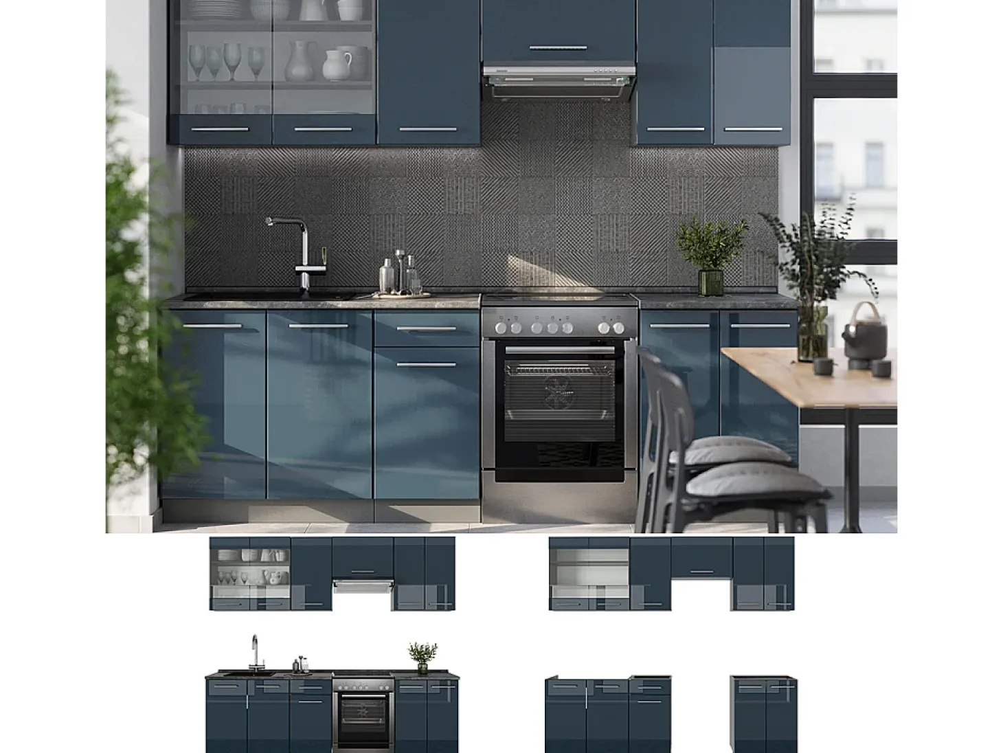 Mueble de cocina azul oscuro alto brillo/antracita 240x60x81.6 fame-line