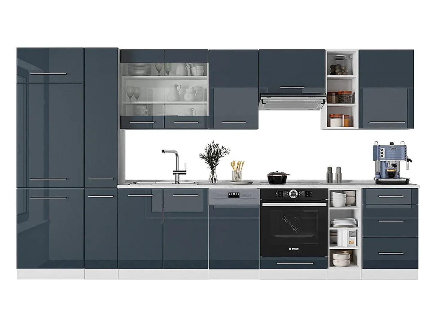 Mueble de cocina azul oscuro alto brillo/blanco 355x60x81.6 fame-line