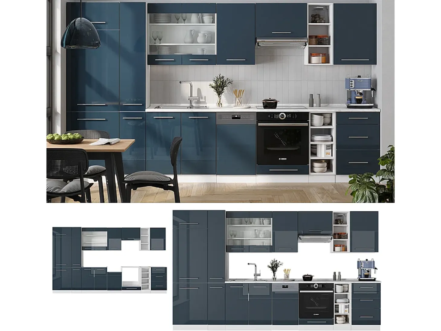 Mueble de cocina azul oscuro alto brillo/blanco 355x60x81.6 fame-line