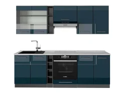 Mueble de cocina azul oscuro alto brillo/antracita 235x60x81.6 fame-line
