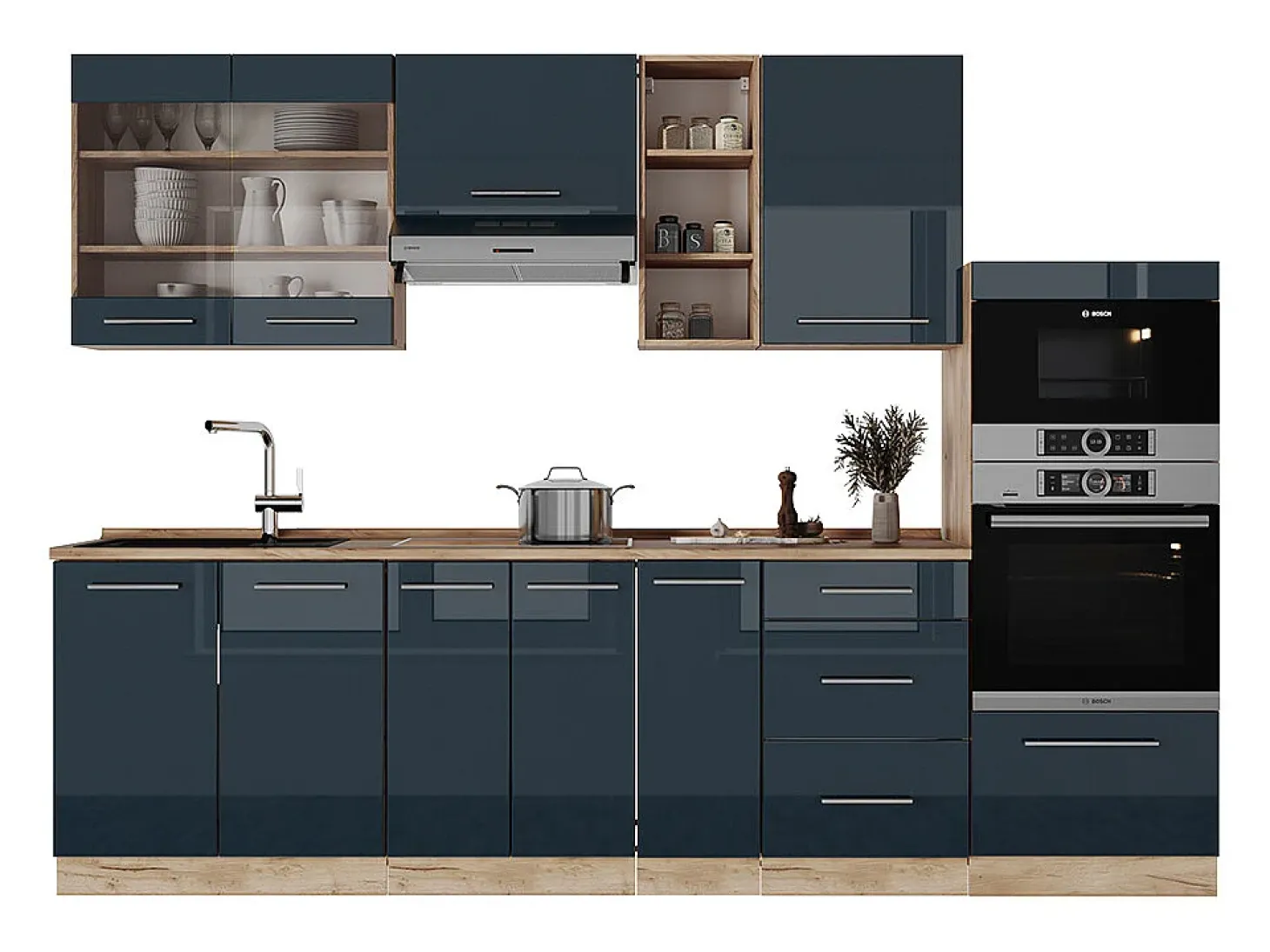 Mueble de cocina azul oscuro alto brillo/roble dorado 280x60x81.6 fame-line