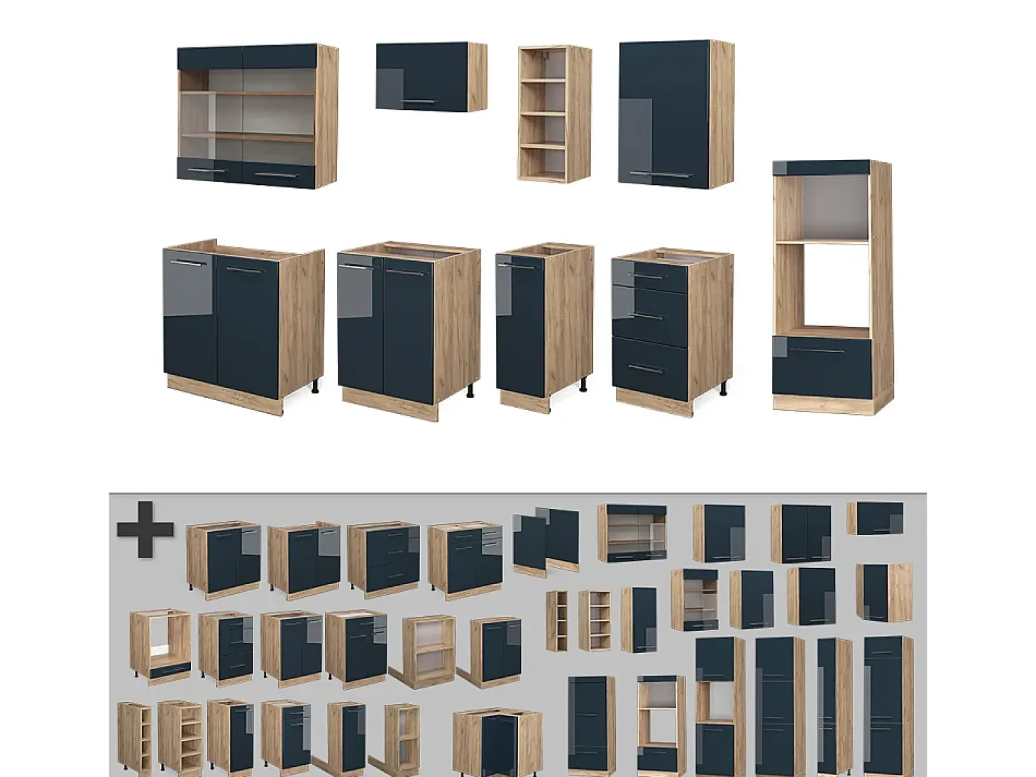 Mueble de cocina azul oscuro alto brillo/roble dorado 280x60x81.6 fame-line