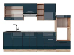 Mueble de cocina azul oscuro alto brillo/roble dorado 280x60x81.6 fame-line