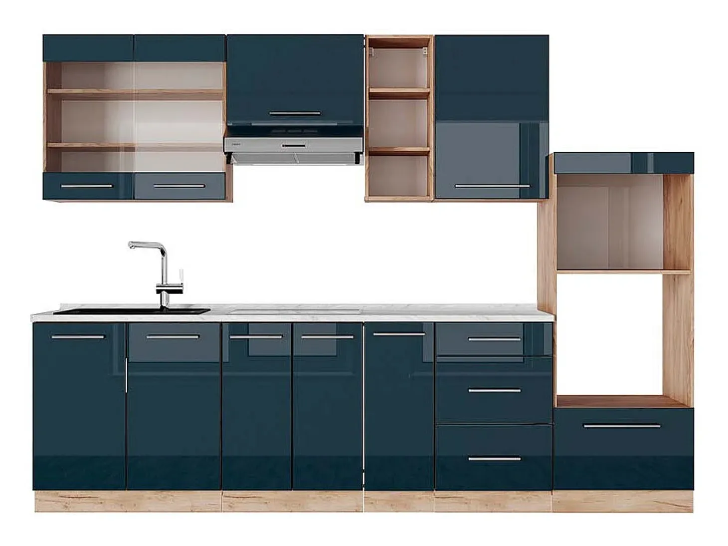 Mueble de cocina azul oscuro alto brillo/roble dorado 280x60x81.6 fame-line