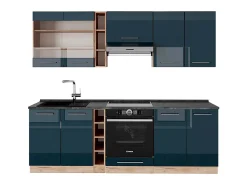 Mueble de cocina azul oscuro alto brillo/roble dorado 235x60x81.6 fame-line