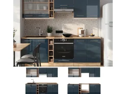 Mueble de cocina azul oscuro alto brillo/roble dorado 235x60x81.6 fame-line