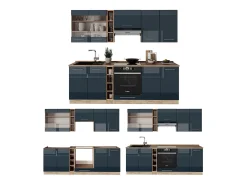 Mueble de cocina azul oscuro alto brillo/roble dorado 235x60x81.6 fame-line