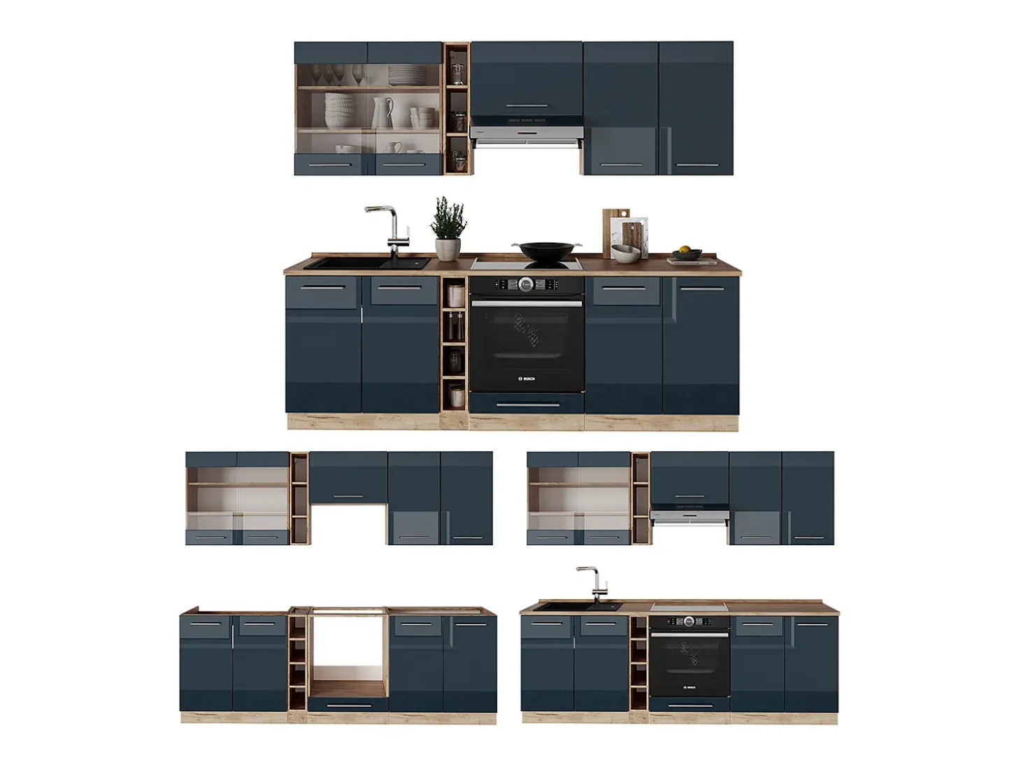 Mueble de cocina azul oscuro alto brillo/roble dorado 235x60x81.6 fame-line