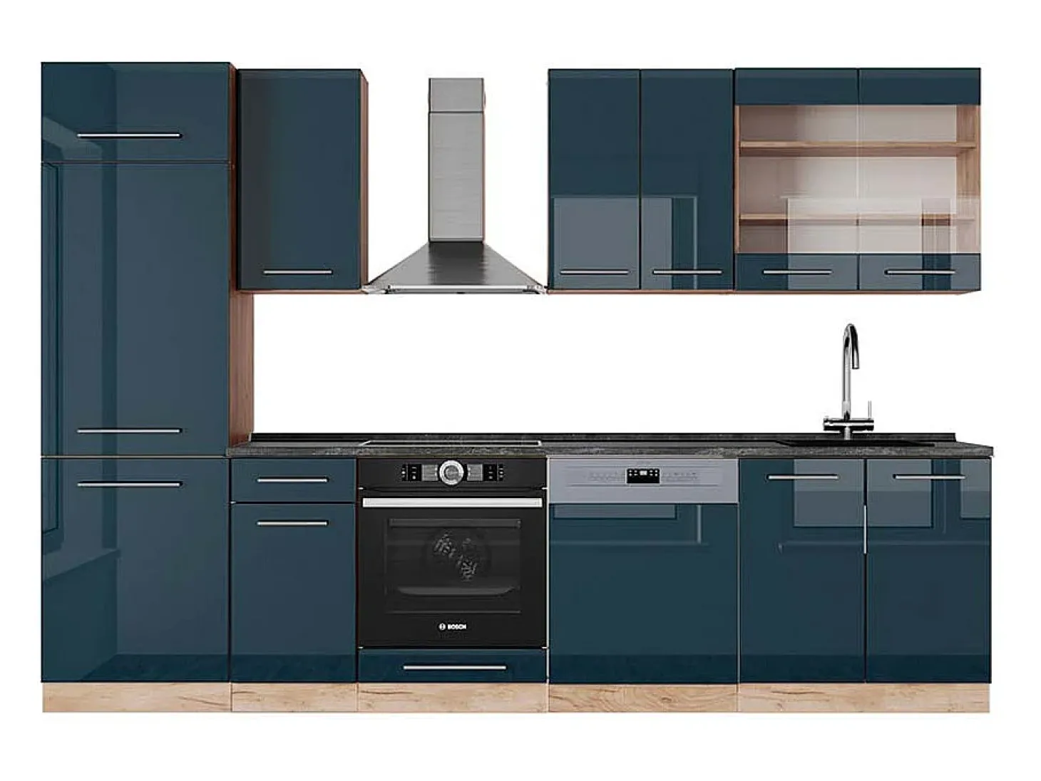 Mueble de cocina azul oscuro alto brillo/roble dorado 300x60x81.6 fame-line