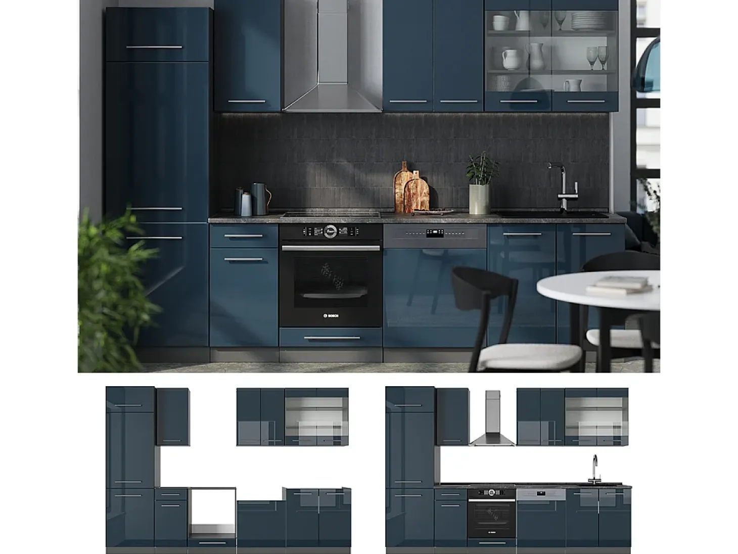 Mueble de cocina azul oscuro alto brillo/antracita 300x60x81.6 fame-line