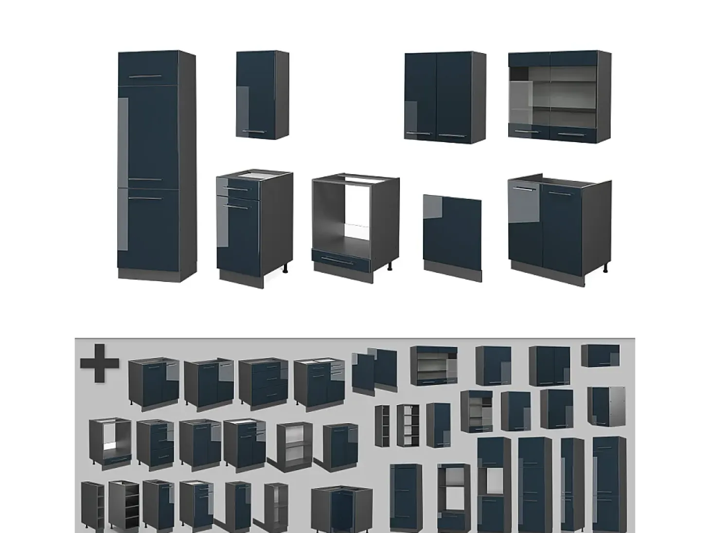 Mueble de cocina azul oscuro alto brillo/antracita 300x60x81.6 fame-line