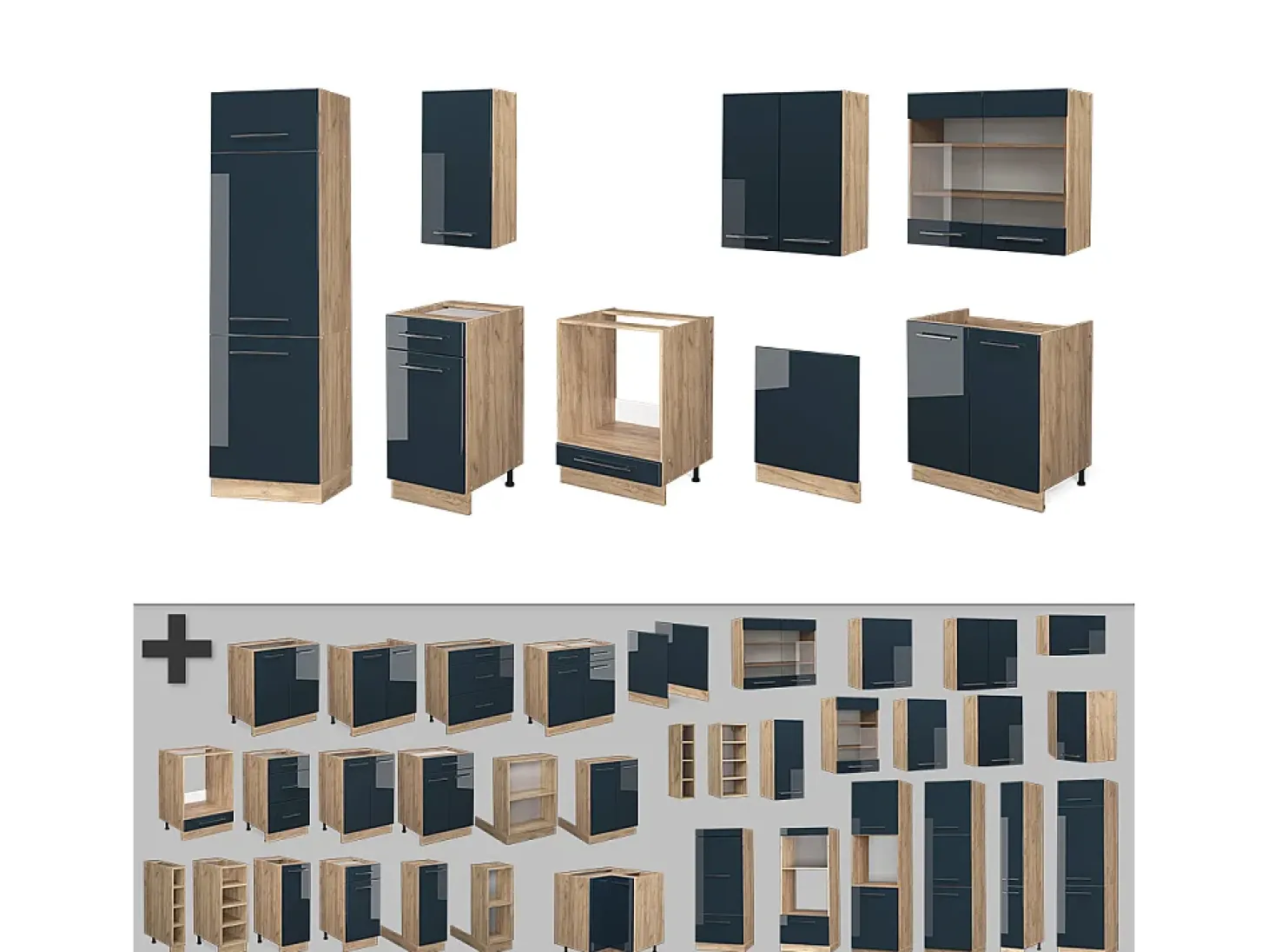Mueble de cocina azul oscuro alto brillo/roble dorado 300x60x81.6 fame-line