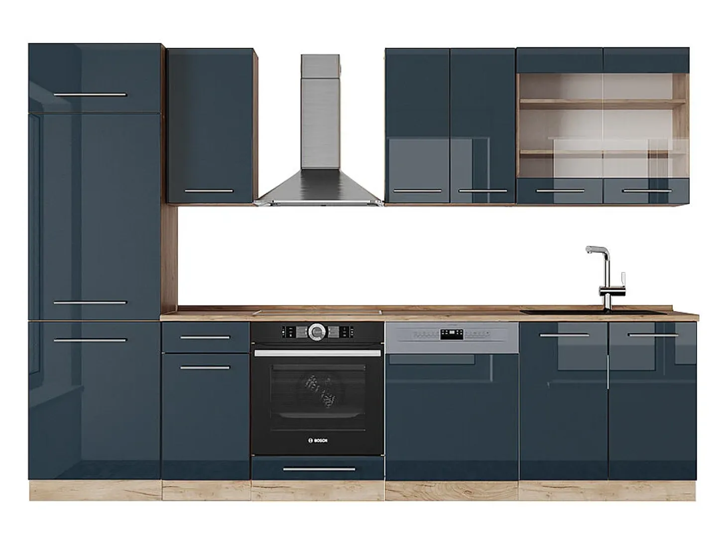 Mueble de cocina azul oscuro alto brillo/roble dorado 300x60x81.6 fame-line