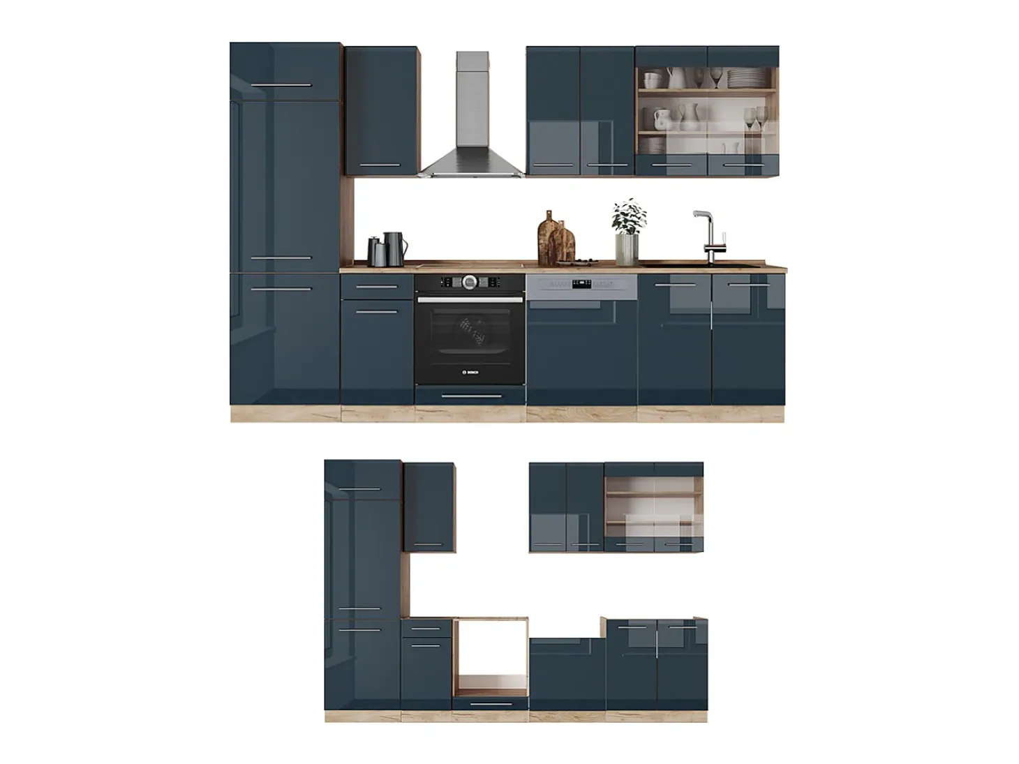 Mueble de cocina azul oscuro alto brillo/roble dorado 300x60x81.6 fame-line