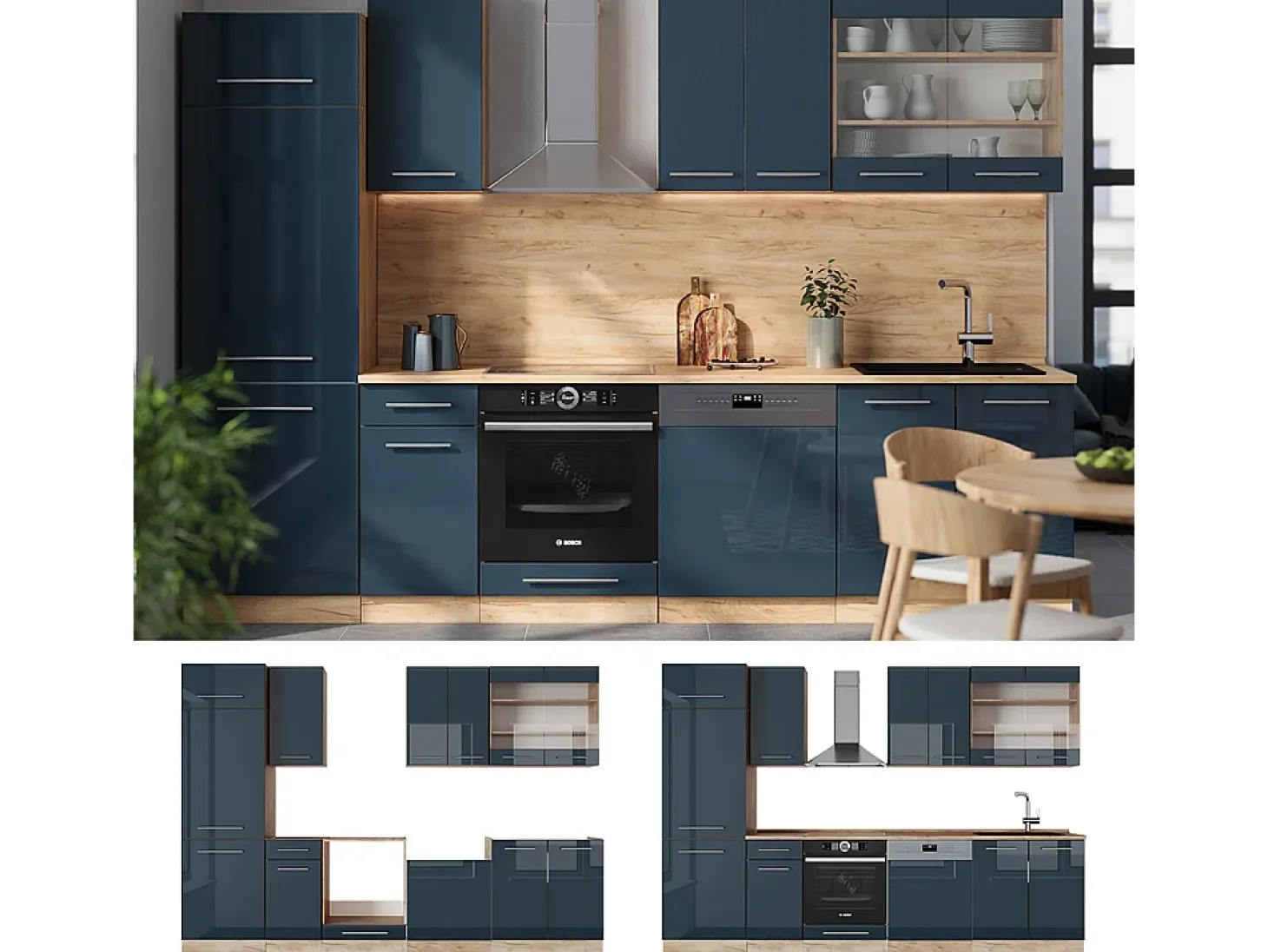 Mueble de cocina azul oscuro alto brillo/roble dorado 300x60x81.6 fame-line