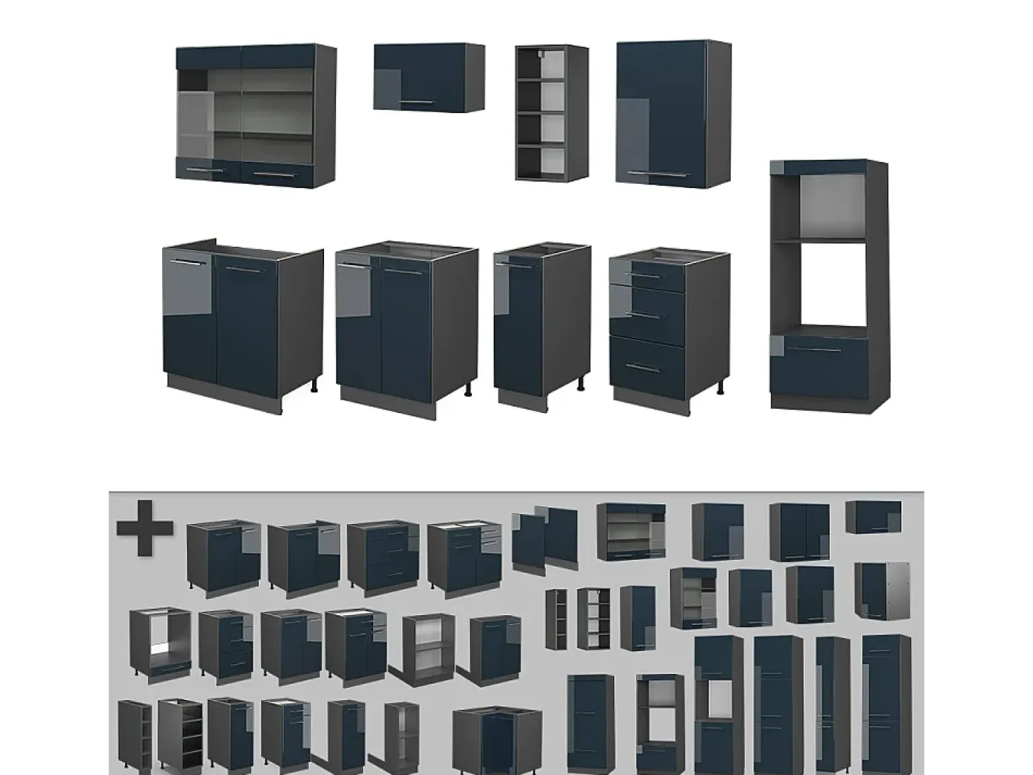 Mueble de cocina azul oscuro alto brillo/antracita 280x60x81.6 fame-line