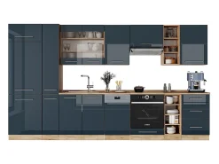 Mueble de cocina azul oscuro alto brillo/roble dorado 355x60x81.6 fame-line