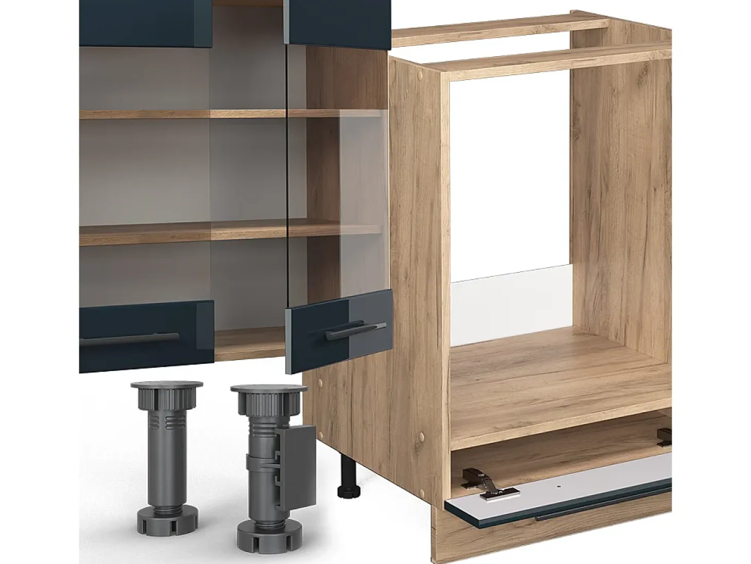 Mueble de cocina azul oscuro alto brillo/roble dorado 355x60x81.6 fame-line