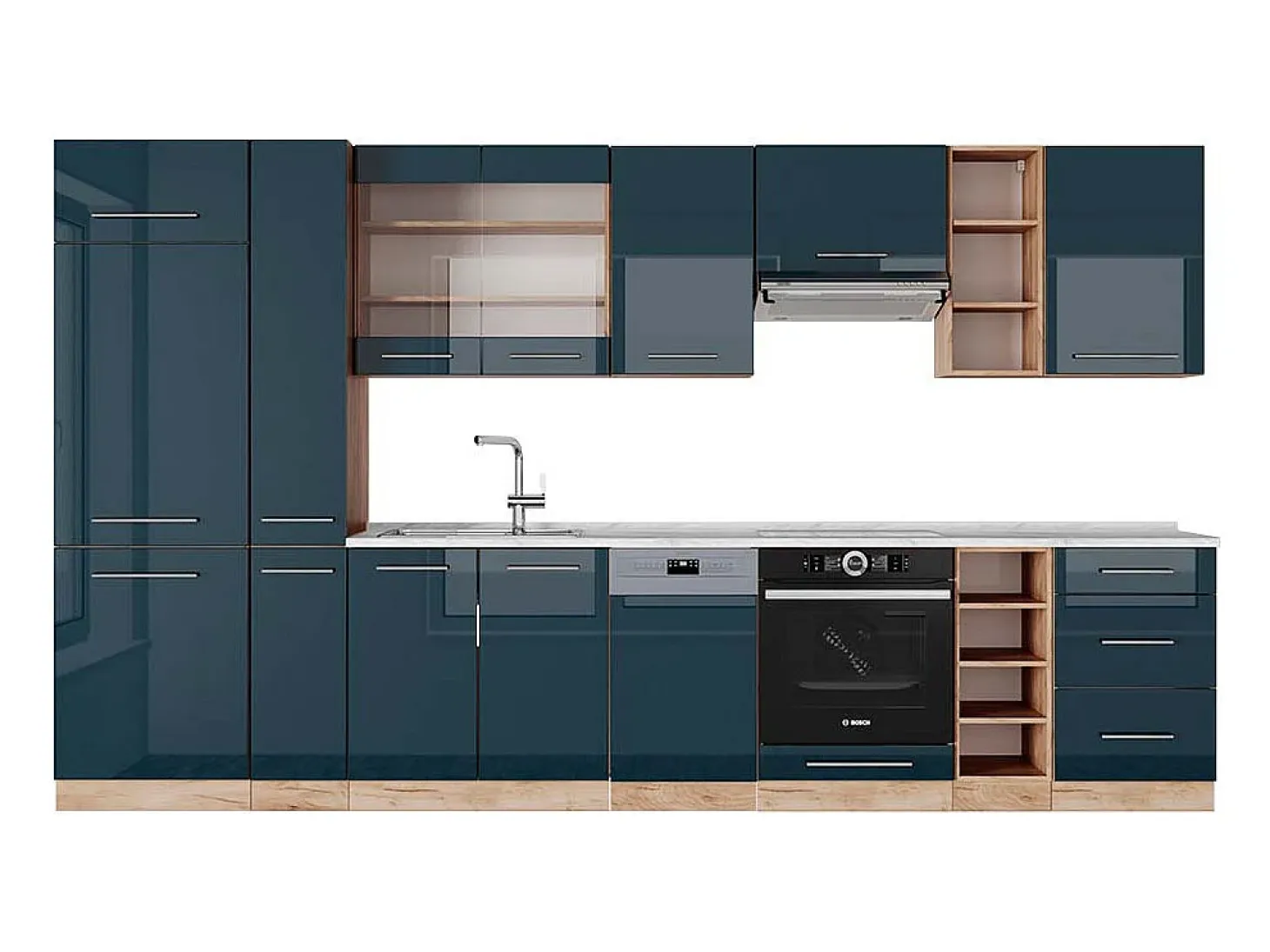 Mueble de cocina azul oscuro alto brillo/roble dorado 355x60x81.6 fame-line