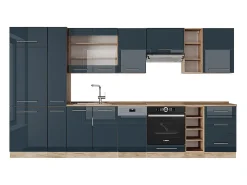 Mueble de cocina azul oscuro alto brillo/roble dorado 355x60x81.6 fame-line