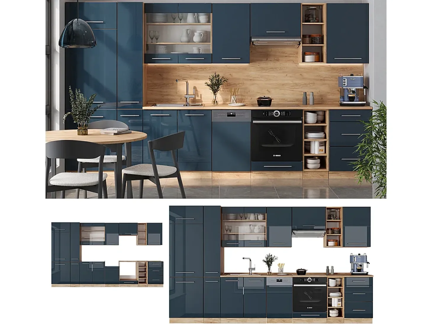 Mueble de cocina azul oscuro alto brillo/roble dorado 355x60x81.6 fame-line