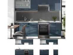 Mueble de cocina azul oscuro alto brillo/blanco 240x60x81.6 fame-line